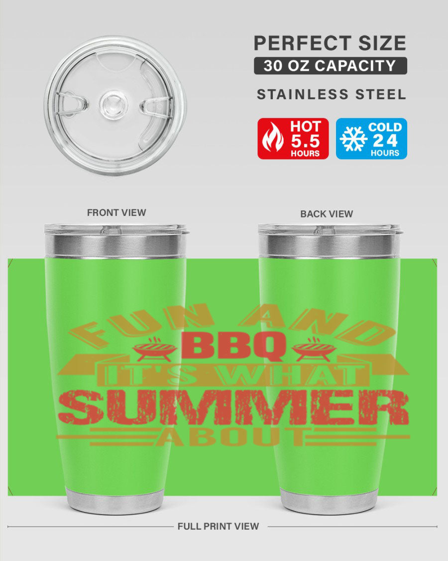 Fun and BBQ 20oz and 30oz tumblers made of stainless steel, featuring vibrant summer-themed designs, perfect for hot and cold beverages.