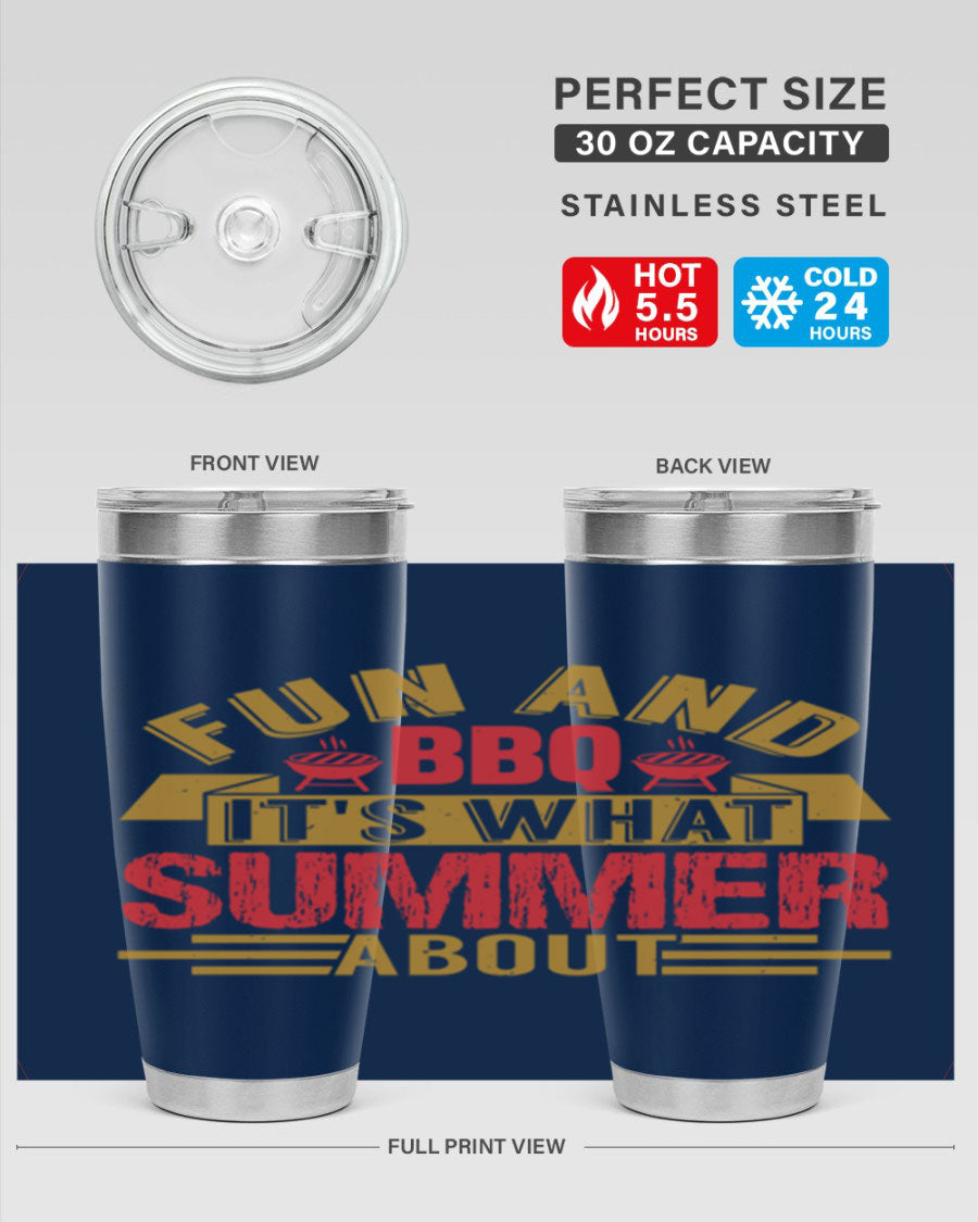 Fun and BBQ 20oz and 30oz tumblers made of stainless steel, featuring vibrant summer-themed designs, perfect for hot and cold beverages.