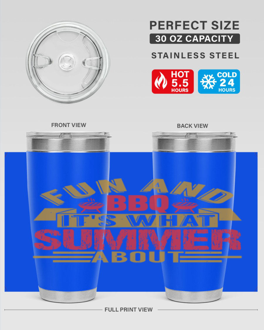 Fun and BBQ 20oz and 30oz tumblers made of stainless steel, featuring vibrant summer-themed designs, perfect for hot and cold beverages.