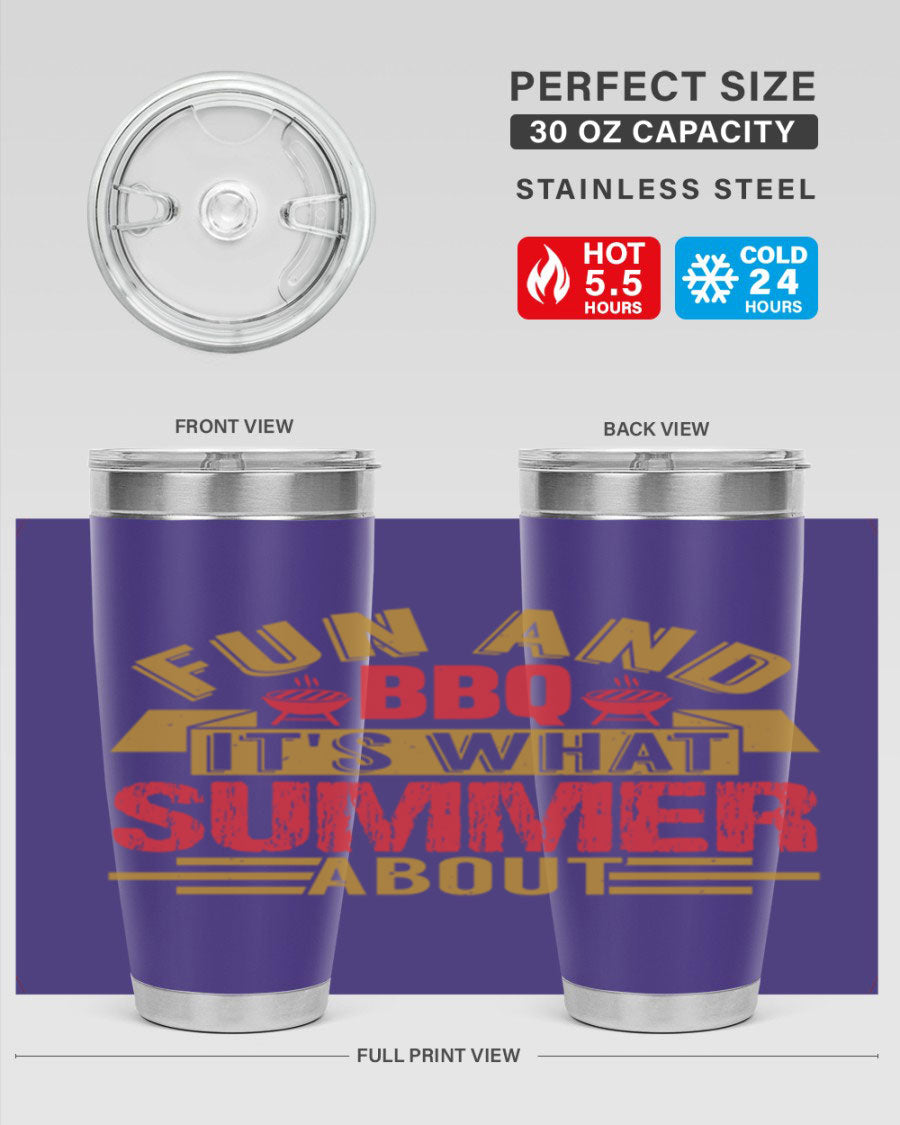 Fun and BBQ 20oz and 30oz tumblers made of stainless steel, featuring vibrant summer-themed designs, perfect for hot and cold beverages.