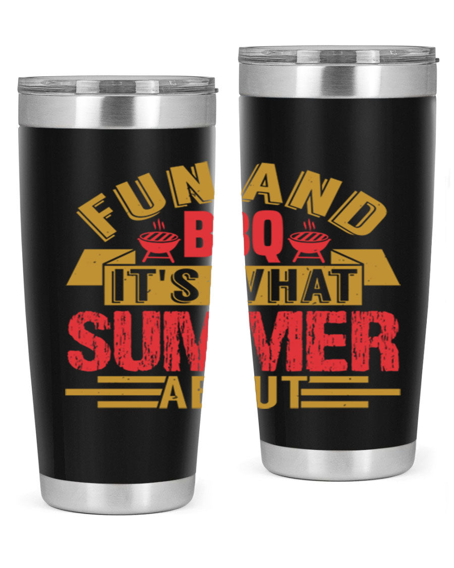 Fun and BBQ 20oz and 30oz tumblers made of stainless steel, featuring vibrant summer-themed designs, perfect for hot and cold beverages.