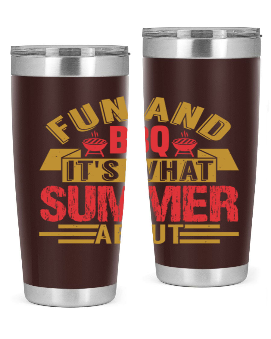 Fun and BBQ 20oz and 30oz tumblers made of stainless steel, featuring vibrant summer-themed designs, perfect for hot and cold beverages.