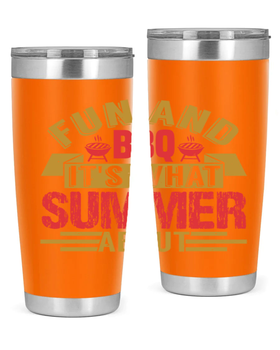 Fun and BBQ 20oz and 30oz tumblers made of stainless steel, featuring vibrant summer-themed designs, perfect for hot and cold beverages.