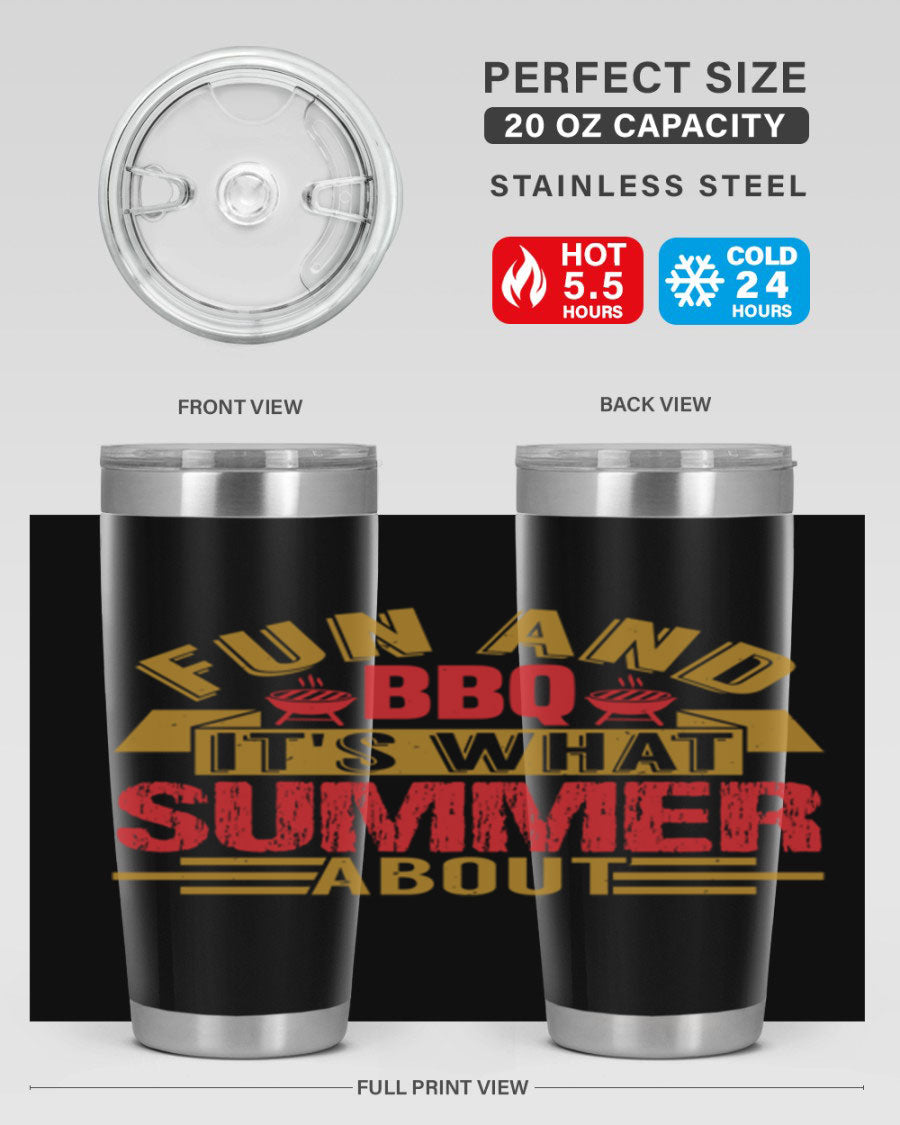 Fun and BBQ 20oz and 30oz tumblers made of stainless steel, featuring vibrant summer-themed designs, perfect for hot and cold beverages.