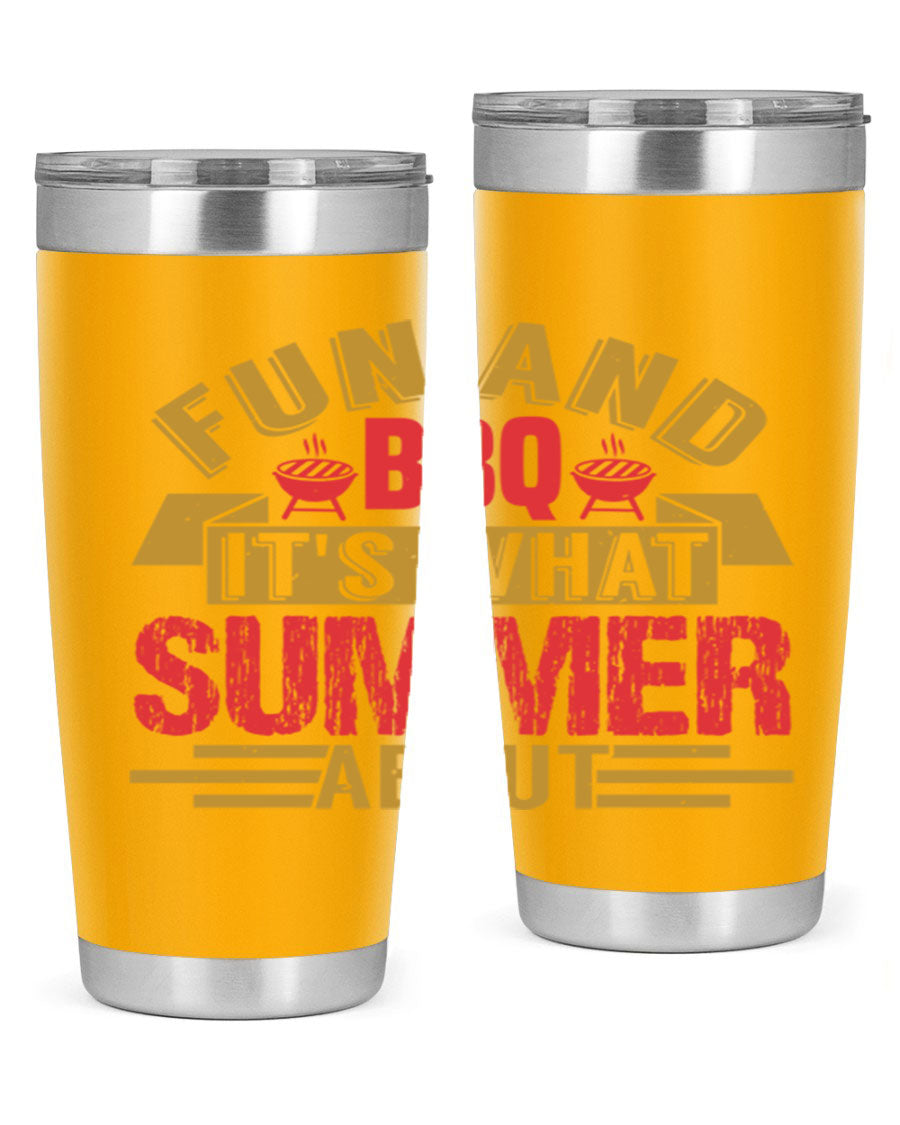Fun and BBQ 20oz and 30oz tumblers made of stainless steel, featuring vibrant summer-themed designs, perfect for hot and cold beverages.