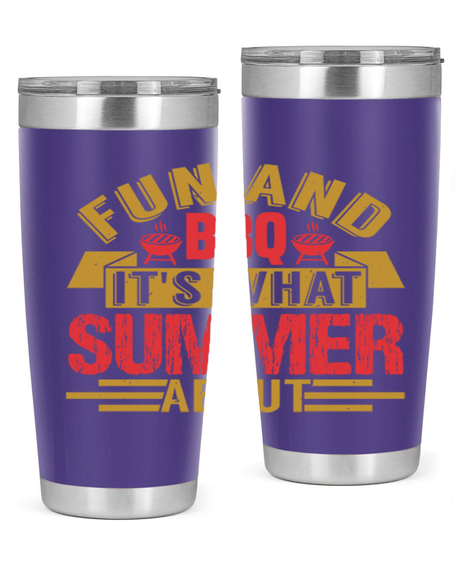 Fun and BBQ 20oz and 30oz tumblers made of stainless steel, featuring vibrant summer-themed designs, perfect for hot and cold beverages.