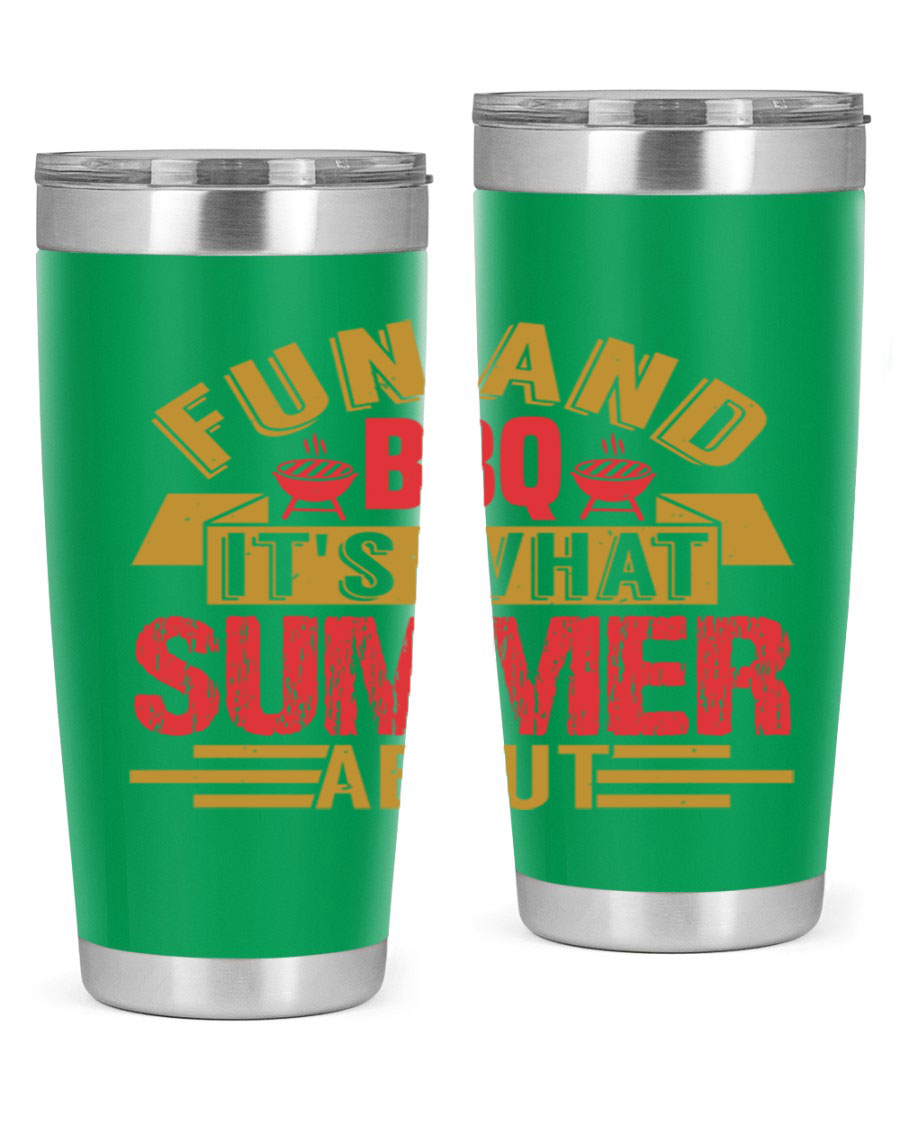 Fun and BBQ 20oz and 30oz tumblers made of stainless steel, featuring vibrant summer-themed designs, perfect for hot and cold beverages.