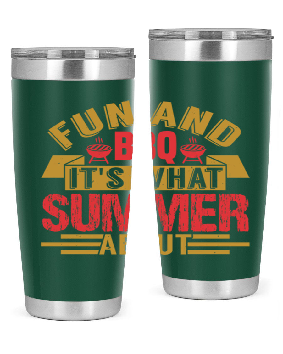 Fun and BBQ 20oz and 30oz tumblers made of stainless steel, featuring vibrant summer-themed designs, perfect for hot and cold beverages.