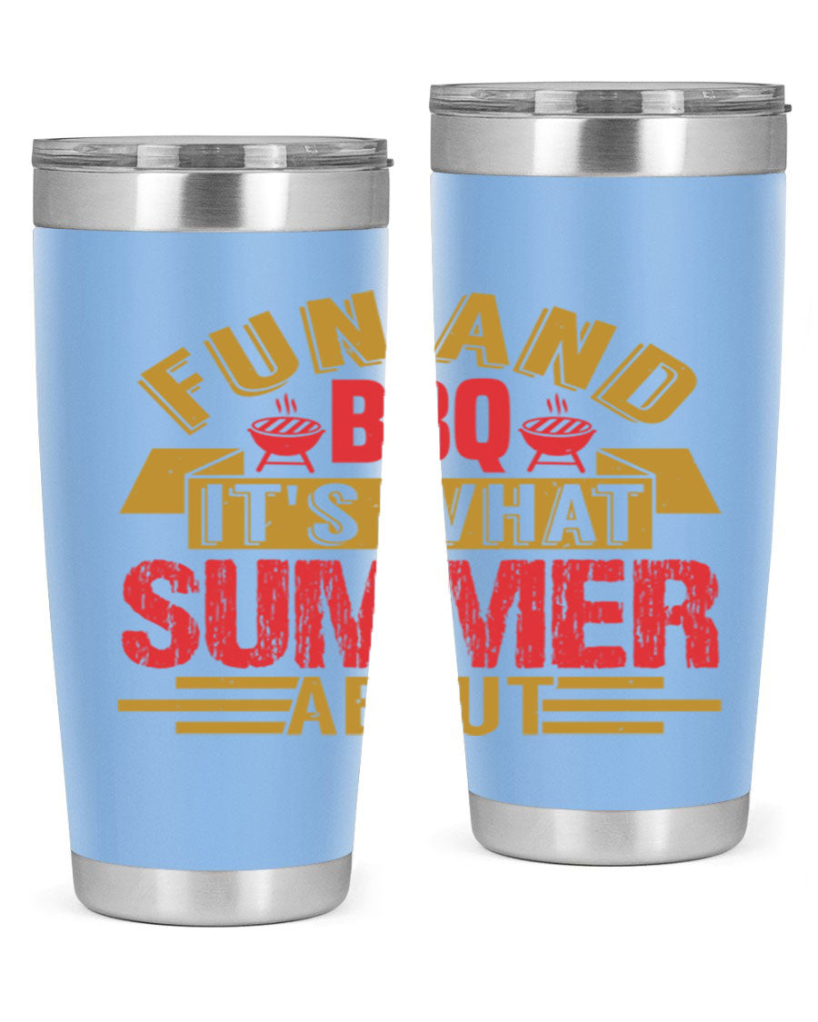 Fun and BBQ 20oz and 30oz tumblers made of stainless steel, featuring vibrant summer-themed designs, perfect for hot and cold beverages.