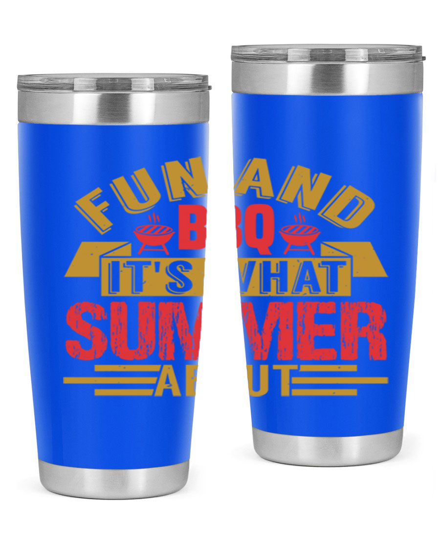 Fun and BBQ 20oz and 30oz tumblers made of stainless steel, featuring vibrant summer-themed designs, perfect for hot and cold beverages.