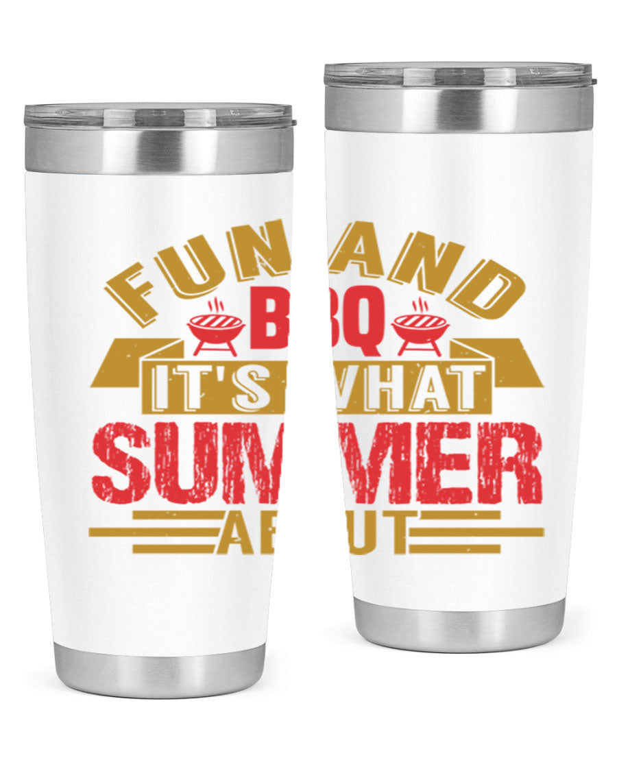 Fun and BBQ 20oz and 30oz tumblers made of stainless steel, featuring vibrant summer-themed designs, perfect for hot and cold beverages.