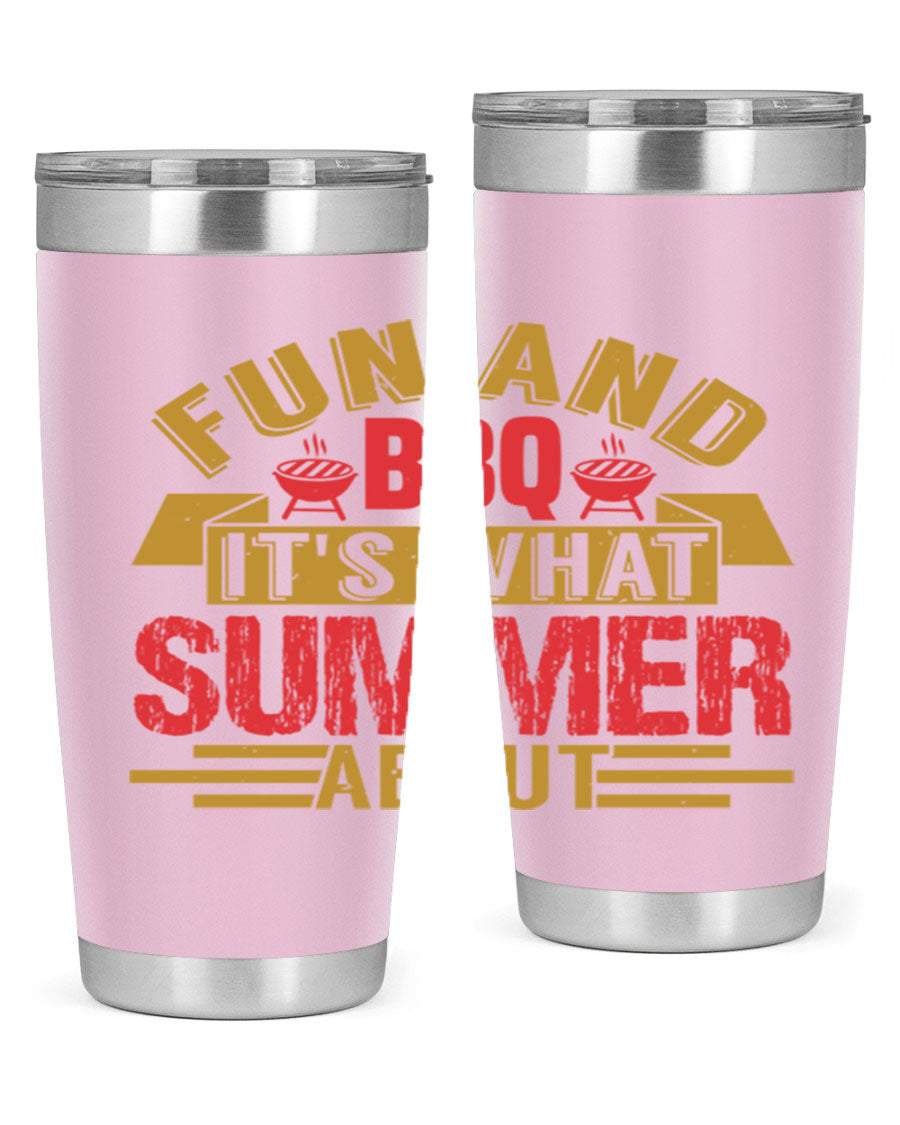 Fun and BBQ 20oz and 30oz tumblers made of stainless steel, featuring vibrant summer-themed designs, perfect for hot and cold beverages.