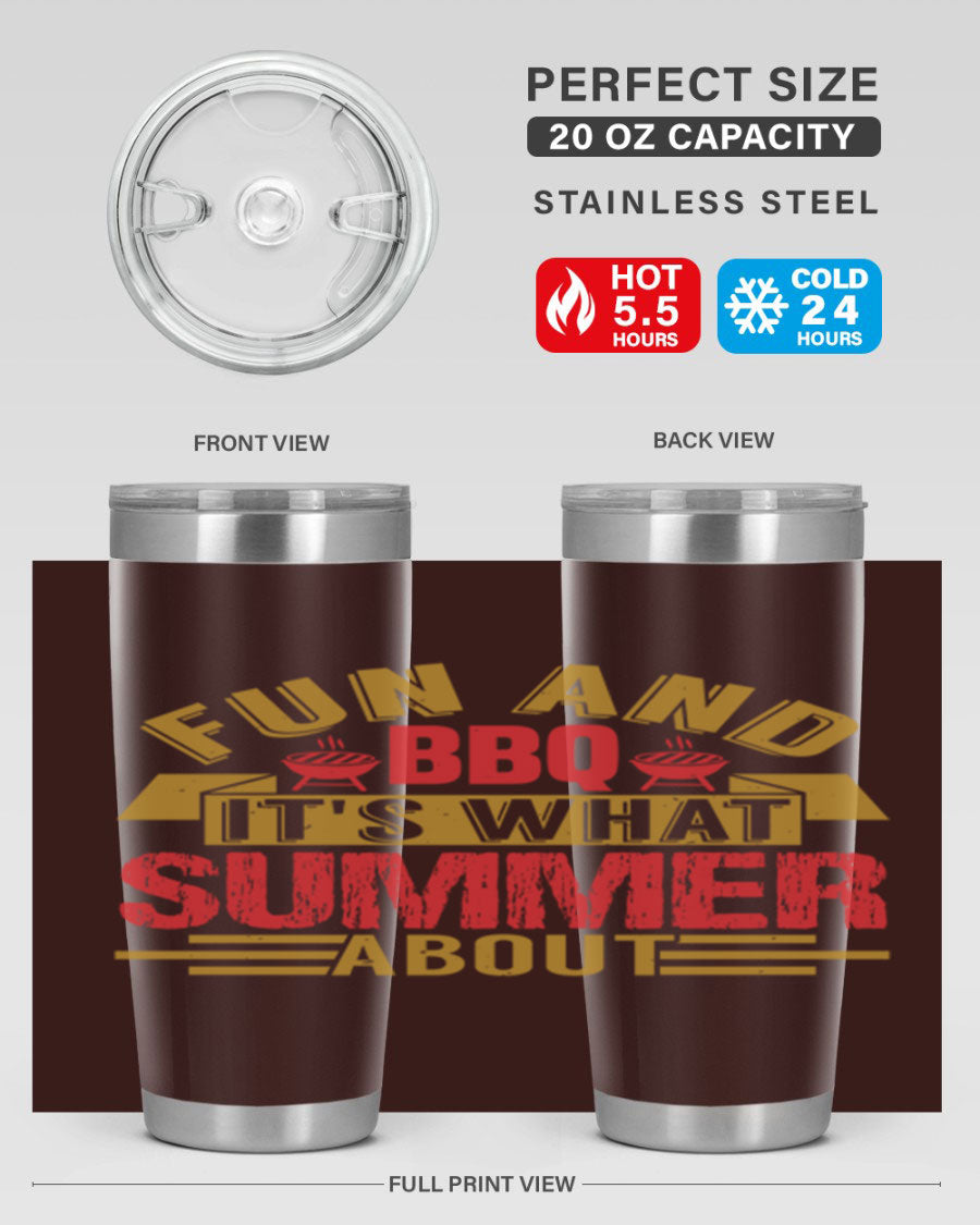 Fun and BBQ 20oz and 30oz tumblers made of stainless steel, featuring vibrant summer-themed designs, perfect for hot and cold beverages.