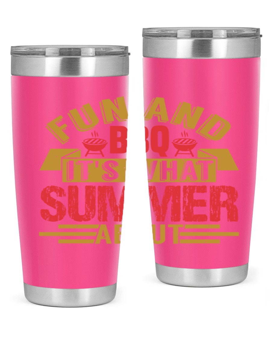 Fun and BBQ 20oz and 30oz tumblers made of stainless steel, featuring vibrant summer-themed designs, perfect for hot and cold beverages.