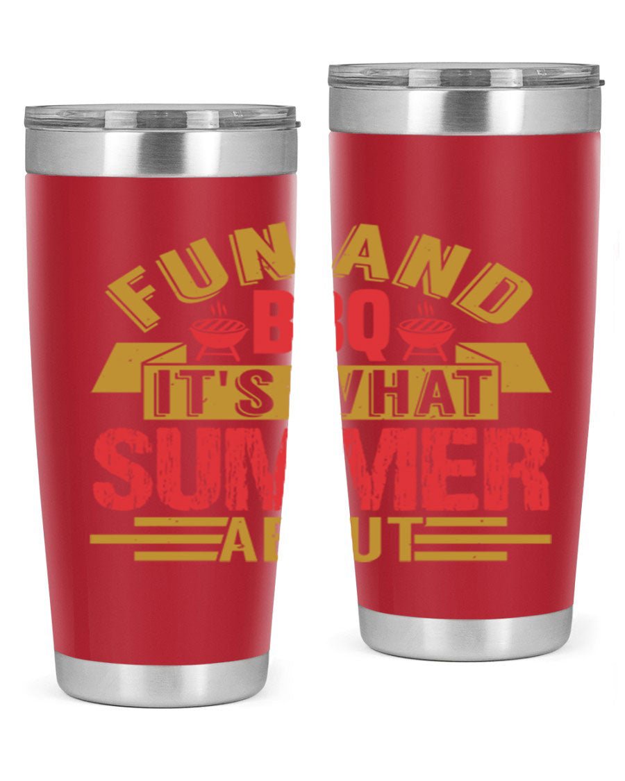 Fun and BBQ 20oz and 30oz tumblers made of stainless steel, featuring vibrant summer-themed designs, perfect for hot and cold beverages.