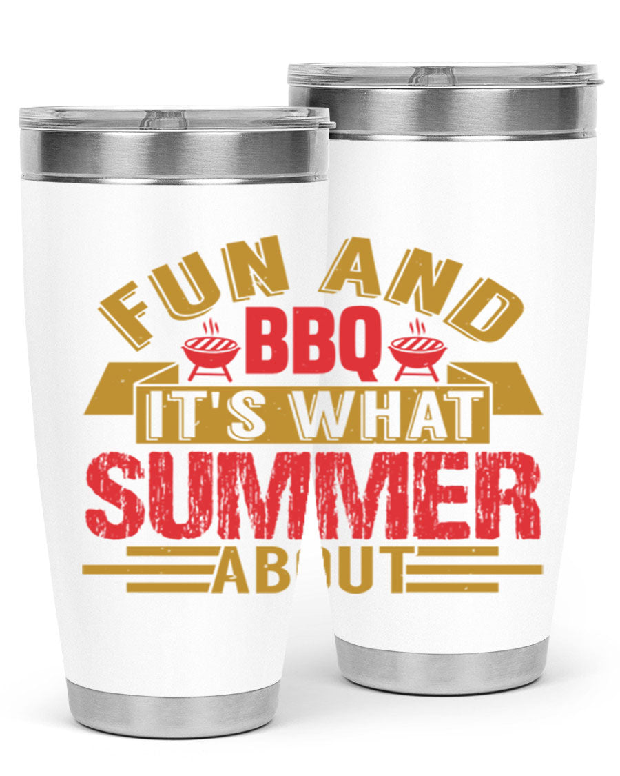 Fun and BBQ 20oz and 30oz tumblers made of stainless steel, featuring vibrant summer-themed designs, perfect for hot and cold beverages.