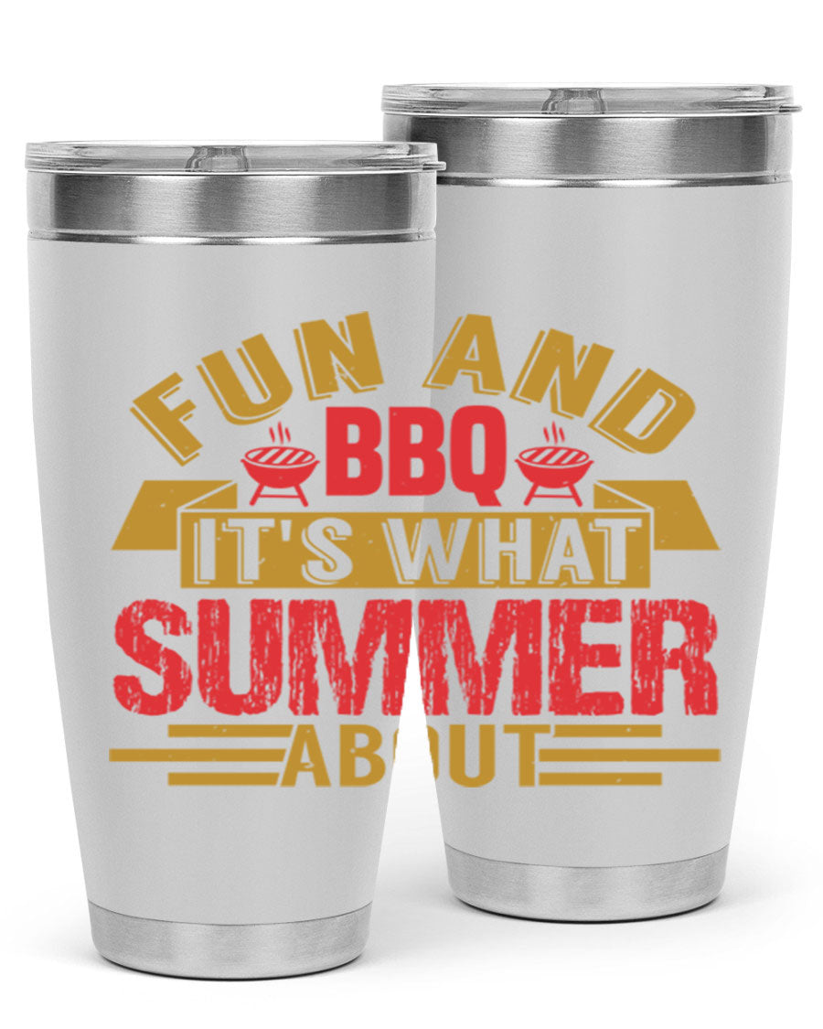 Fun and BBQ 20oz and 30oz tumblers made of stainless steel, featuring vibrant summer-themed designs, perfect for hot and cold beverages.