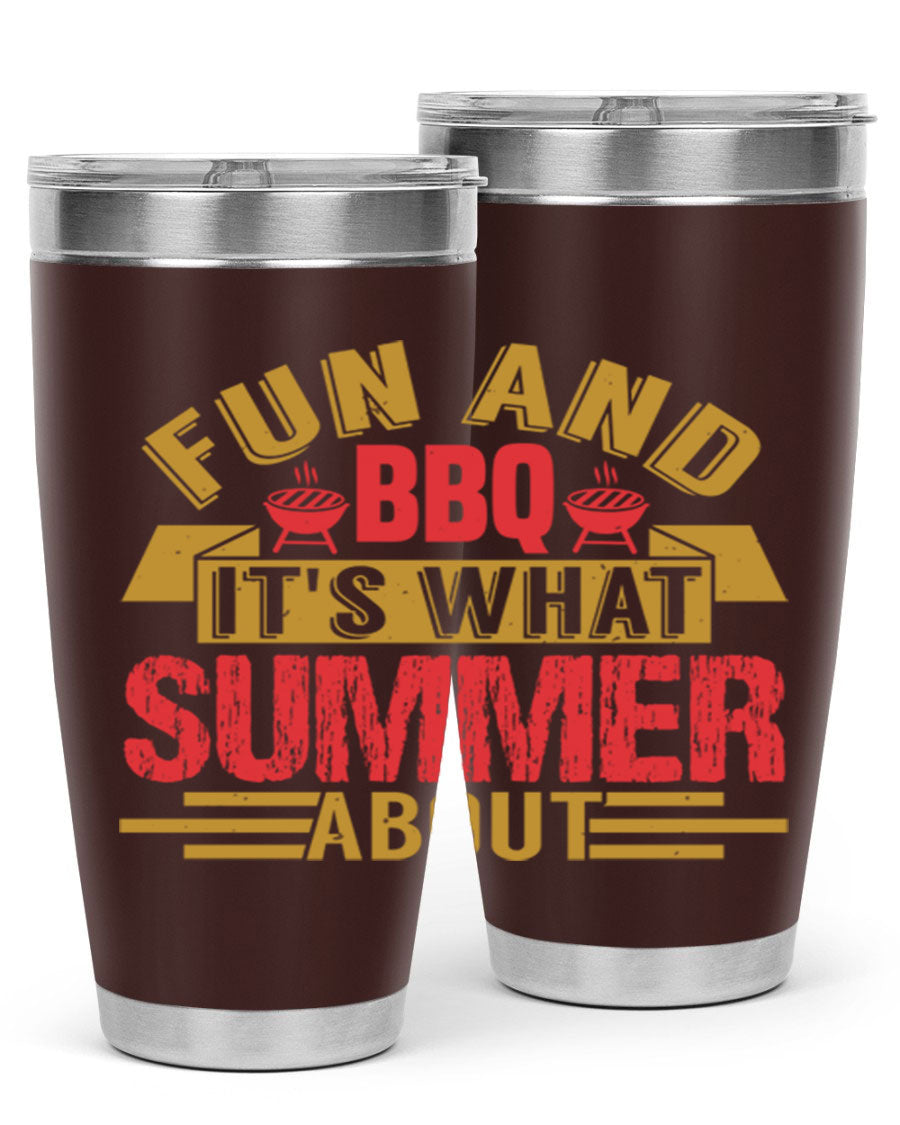 Fun and BBQ 20oz and 30oz tumblers made of stainless steel, featuring vibrant summer-themed designs, perfect for hot and cold beverages.