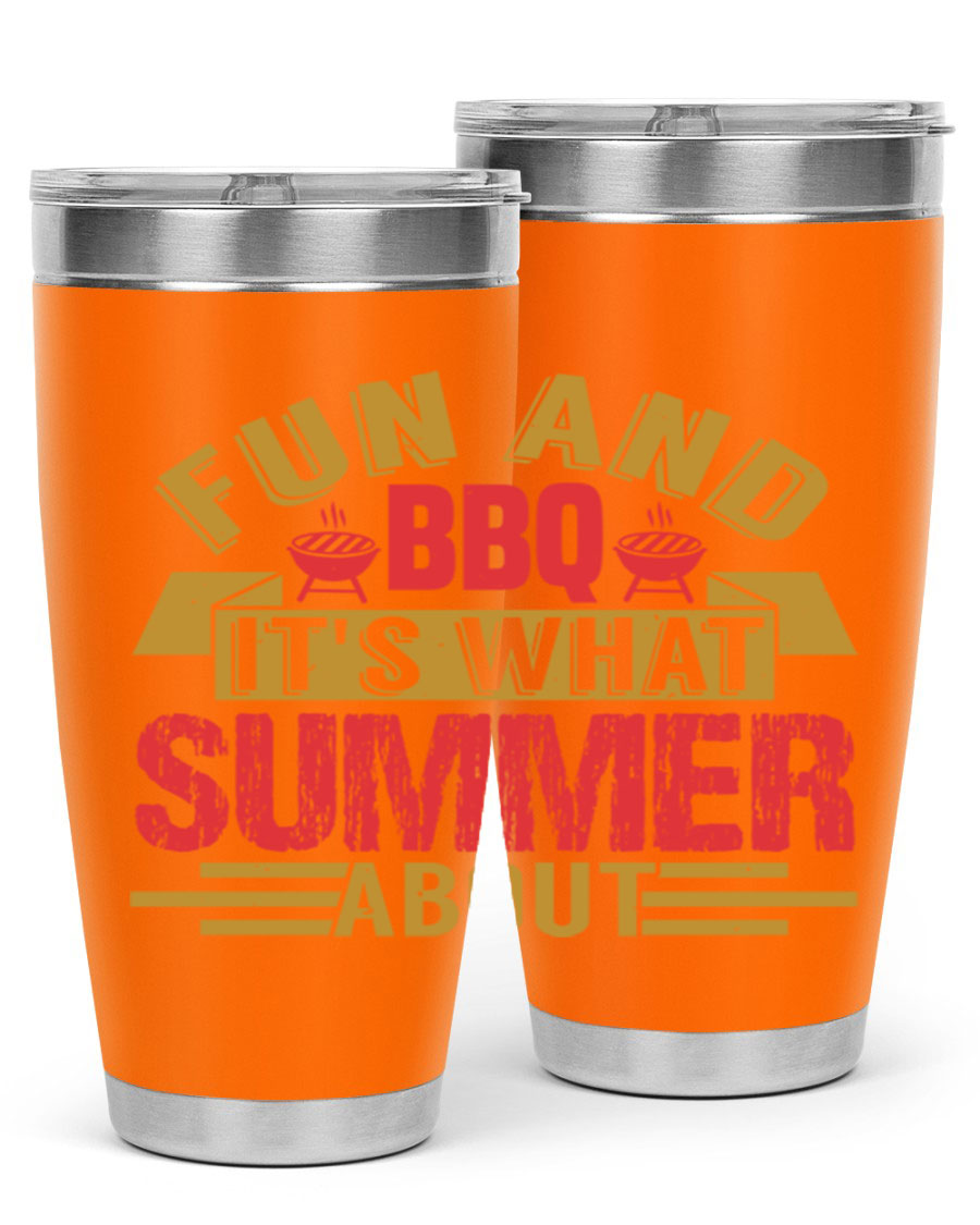 Fun and BBQ 20oz and 30oz tumblers made of stainless steel, featuring vibrant summer-themed designs, perfect for hot and cold beverages.