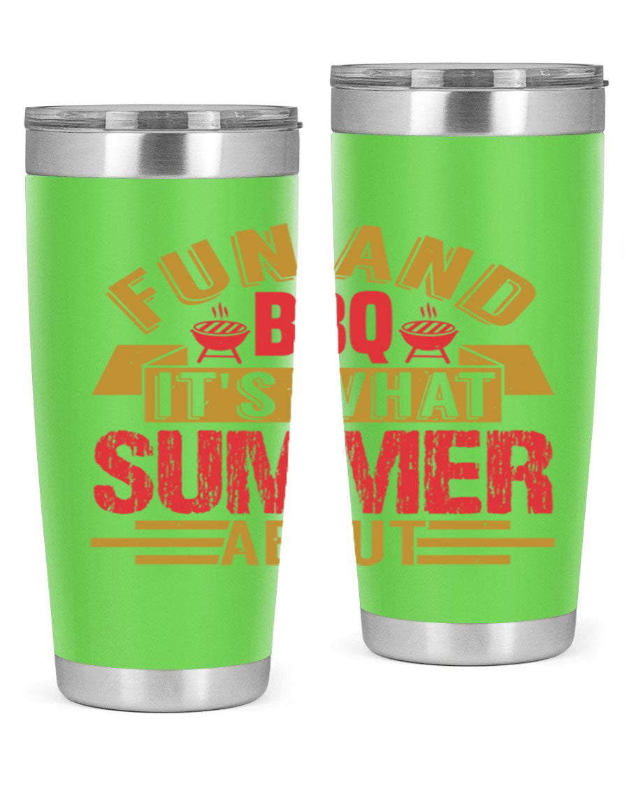 Fun and BBQ 20oz and 30oz tumblers made of stainless steel, featuring vibrant summer-themed designs, perfect for hot and cold beverages.