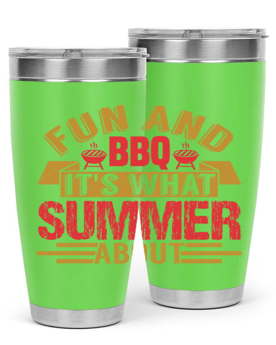 Fun and BBQ 20oz and 30oz tumblers made of stainless steel, featuring vibrant summer-themed designs, perfect for hot and cold beverages.