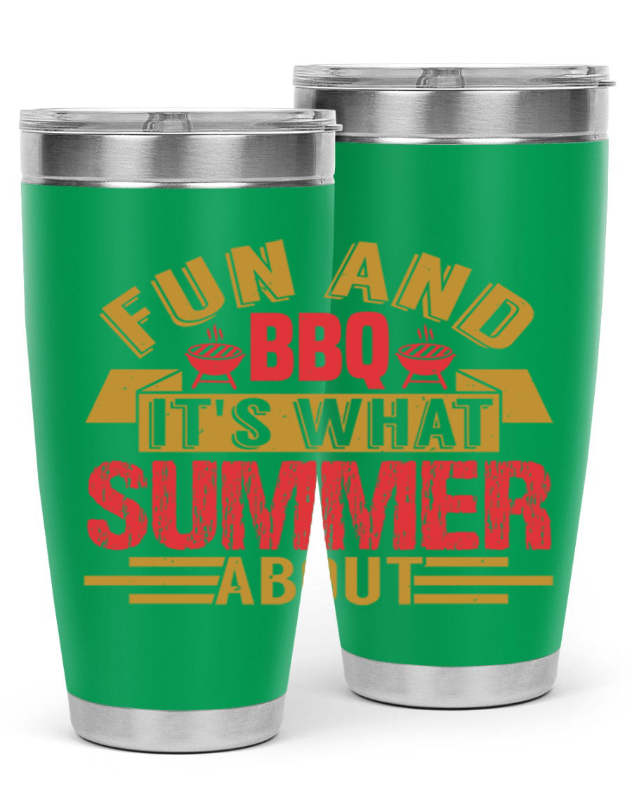 Fun and BBQ 20oz and 30oz tumblers made of stainless steel, featuring vibrant summer-themed designs, perfect for hot and cold beverages.