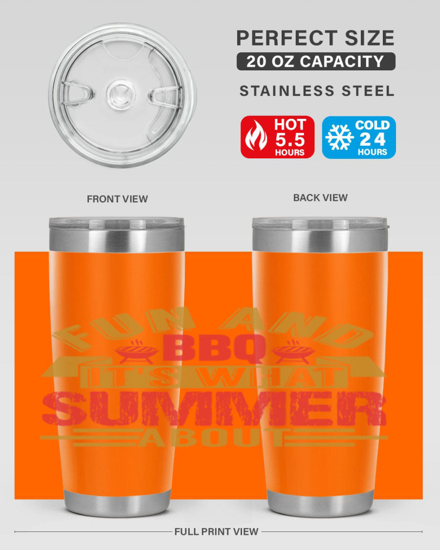 Fun and BBQ 20oz and 30oz tumblers made of stainless steel, featuring vibrant summer-themed designs, perfect for hot and cold beverages.