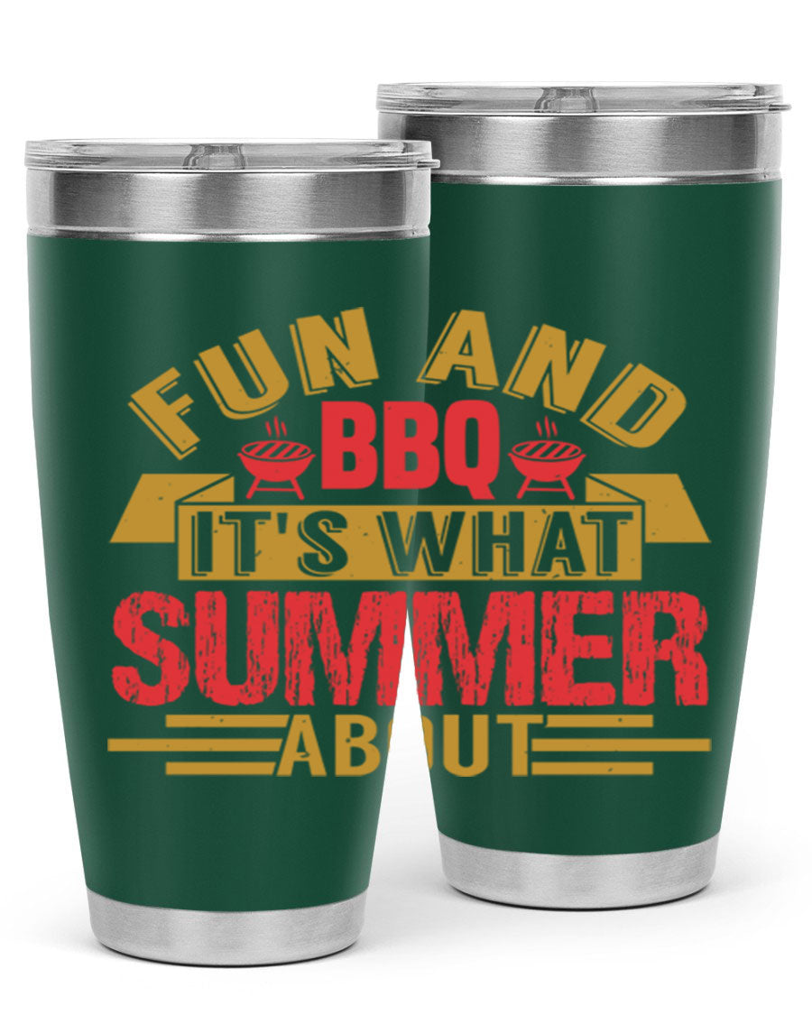 Fun and BBQ 20oz and 30oz tumblers made of stainless steel, featuring vibrant summer-themed designs, perfect for hot and cold beverages.