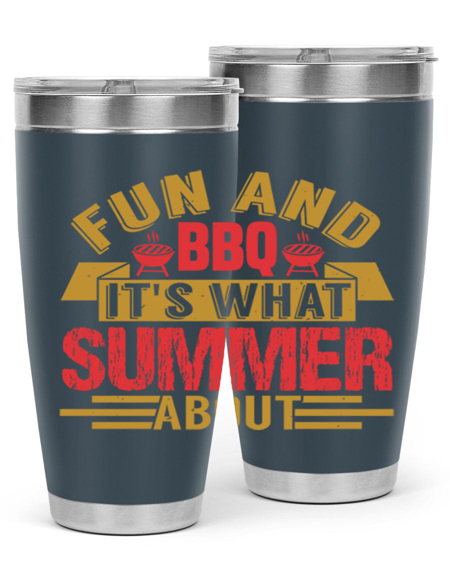 Fun and BBQ 20oz and 30oz tumblers made of stainless steel, featuring vibrant summer-themed designs, perfect for hot and cold beverages.