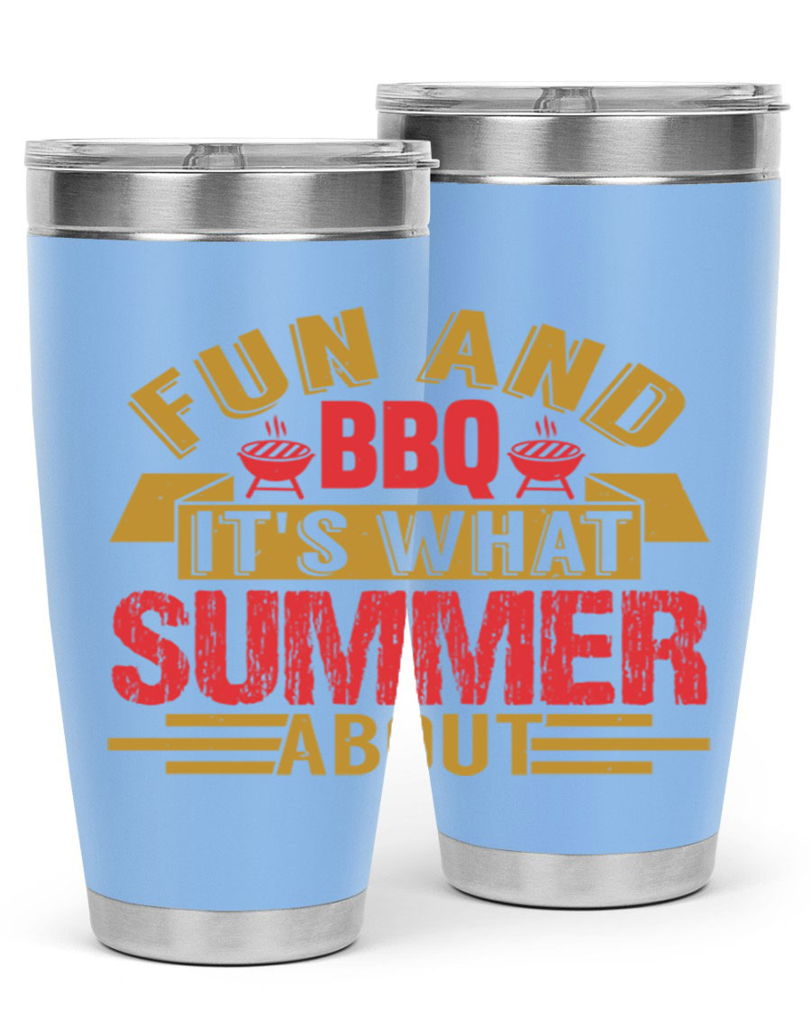 Fun and BBQ 20oz and 30oz tumblers made of stainless steel, featuring vibrant summer-themed designs, perfect for hot and cold beverages.
