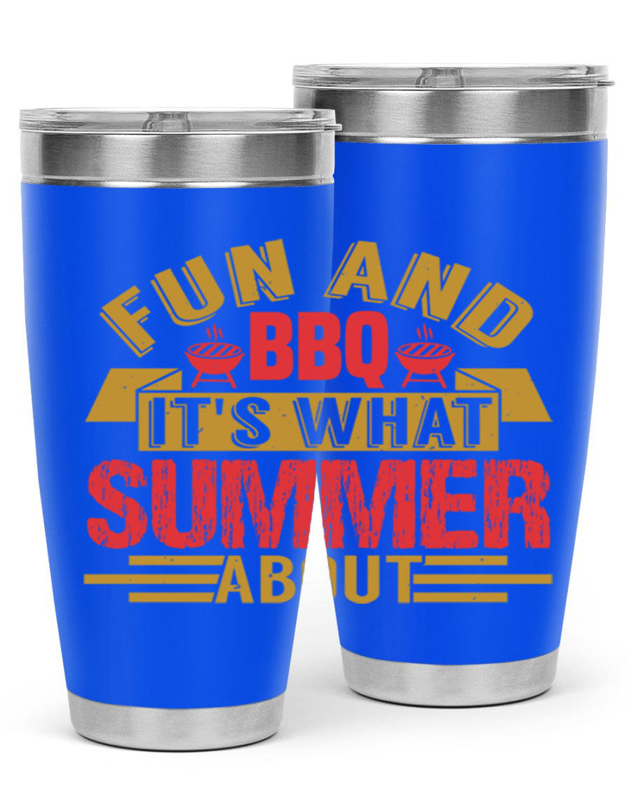 Fun and BBQ 20oz and 30oz tumblers made of stainless steel, featuring vibrant summer-themed designs, perfect for hot and cold beverages.