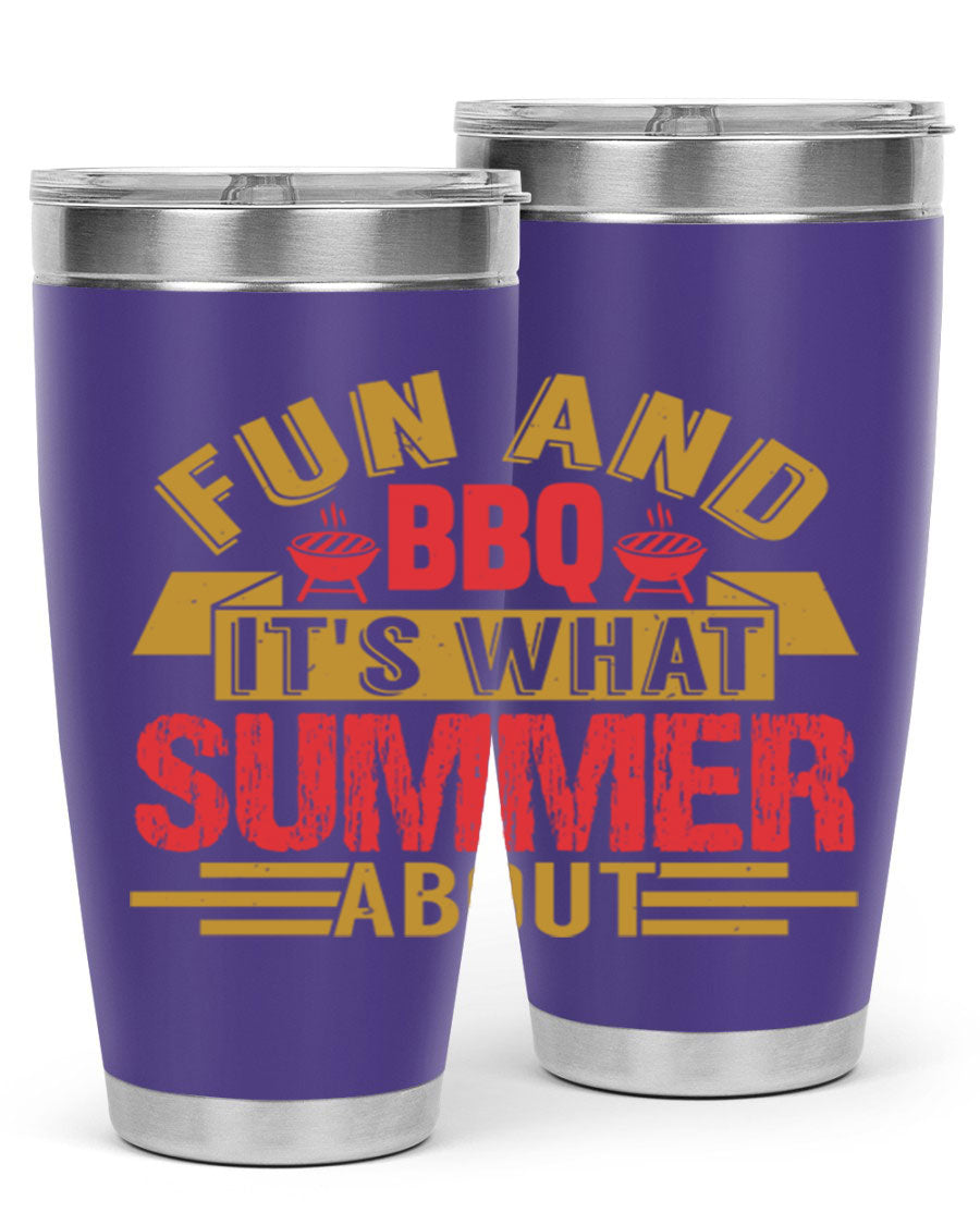 Fun and BBQ 20oz and 30oz tumblers made of stainless steel, featuring vibrant summer-themed designs, perfect for hot and cold beverages.
