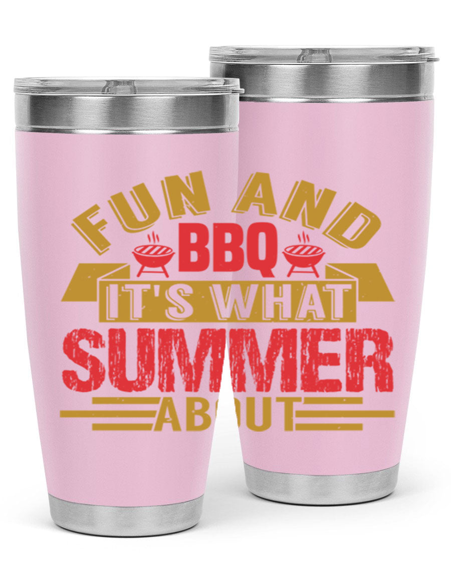 Fun and BBQ 20oz and 30oz tumblers made of stainless steel, featuring vibrant summer-themed designs, perfect for hot and cold beverages.