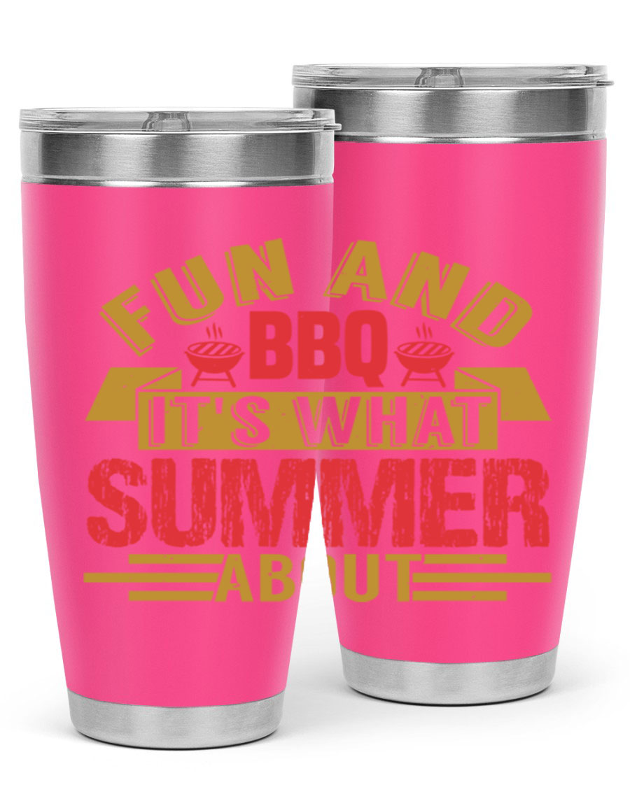 Fun and BBQ 20oz and 30oz tumblers made of stainless steel, featuring vibrant summer-themed designs, perfect for hot and cold beverages.