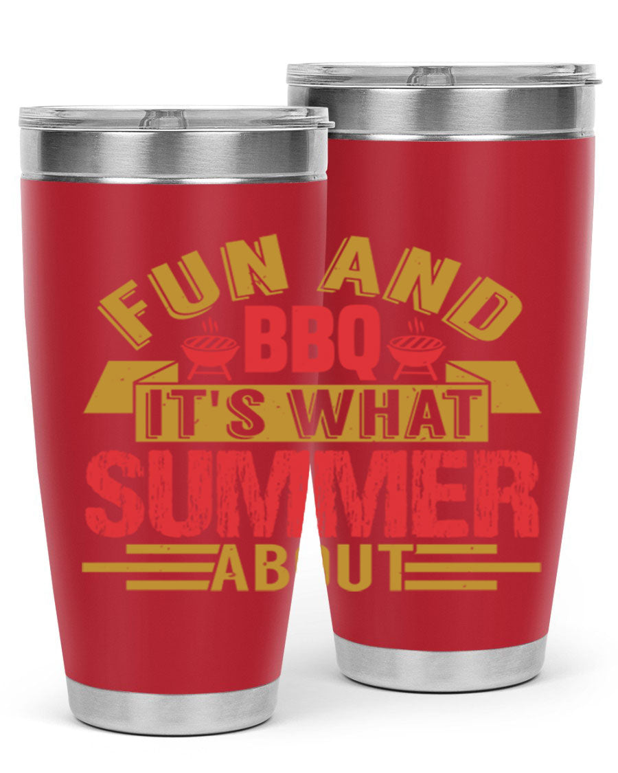 Fun and BBQ 20oz and 30oz tumblers made of stainless steel, featuring vibrant summer-themed designs, perfect for hot and cold beverages.
