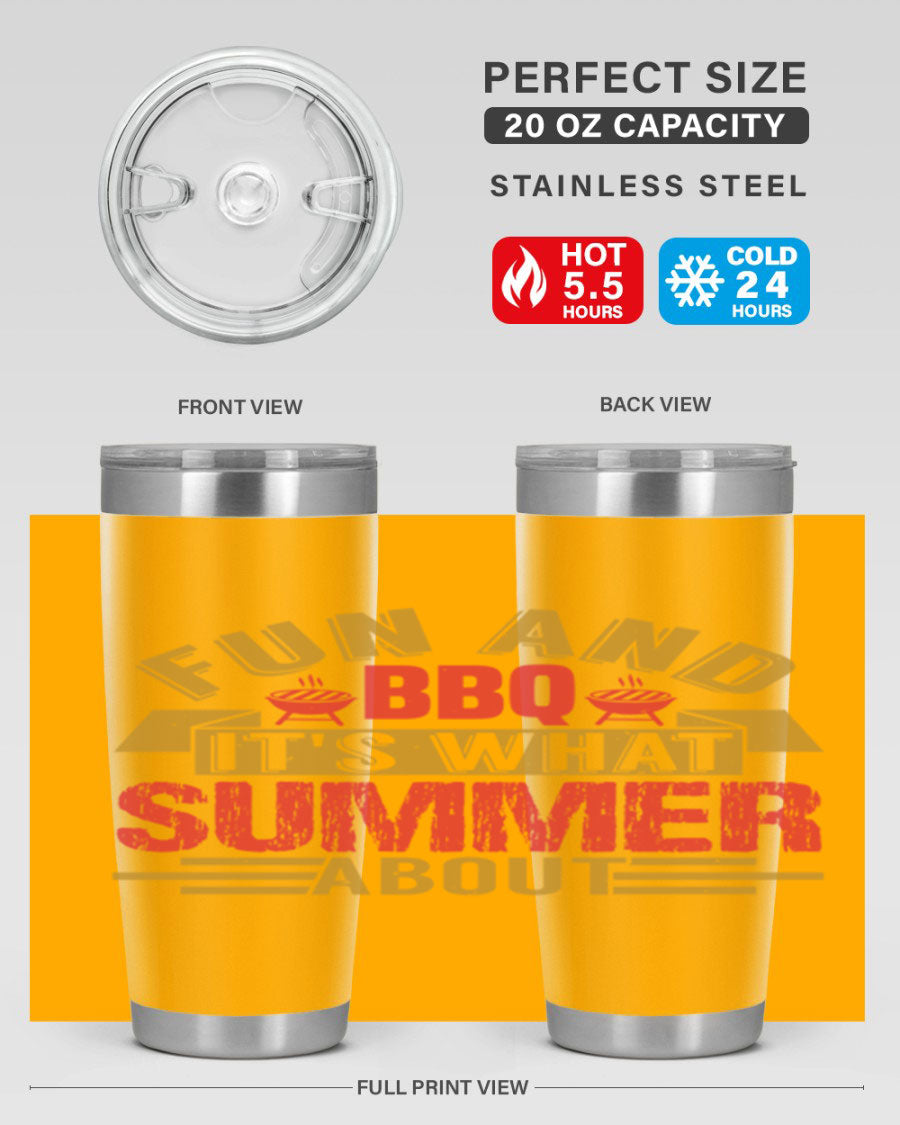 Fun and BBQ 20oz and 30oz tumblers made of stainless steel, featuring vibrant summer-themed designs, perfect for hot and cold beverages.