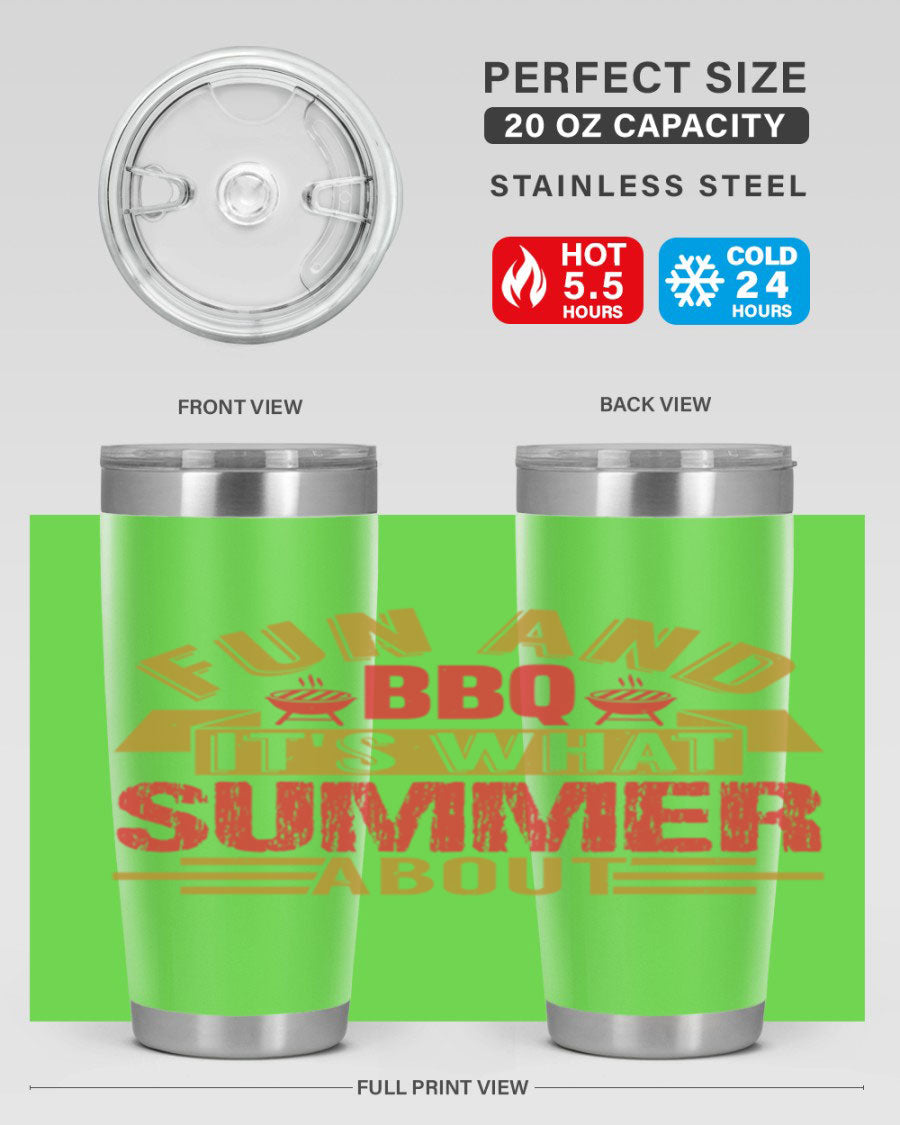 Fun and BBQ 20oz and 30oz tumblers made of stainless steel, featuring vibrant summer-themed designs, perfect for hot and cold beverages.