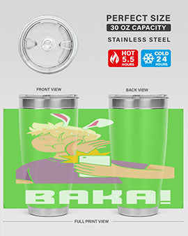 Funny Anime Baka Rabbit Slap Tumbler featuring a vibrant design, made of stainless steel with a drink-thru lid, perfect for hot and cold beverages.
