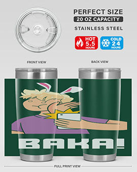 Funny Anime Baka Rabbit Slap Tumbler featuring a vibrant design, made of stainless steel with a drink-thru lid, perfect for hot and cold beverages.