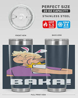 Funny Anime Baka Rabbit Slap Tumbler featuring a vibrant design, made of stainless steel with a drink-thru lid, perfect for hot and cold beverages.