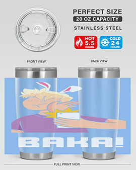 Funny Anime Baka Rabbit Slap Tumbler featuring a vibrant design, made of stainless steel with a drink-thru lid, perfect for hot and cold beverages.