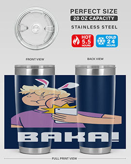 Funny Anime Baka Rabbit Slap Tumbler featuring a vibrant design, made of stainless steel with a drink-thru lid, perfect for hot and cold beverages.