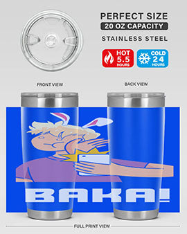 Funny Anime Baka Rabbit Slap Tumbler featuring a vibrant design, made of stainless steel with a drink-thru lid, perfect for hot and cold beverages.