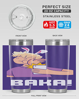 Funny Anime Baka Rabbit Slap Tumbler featuring a vibrant design, made of stainless steel with a drink-thru lid, perfect for hot and cold beverages.