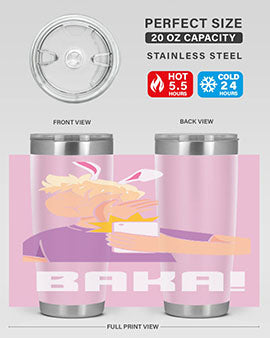 Funny Anime Baka Rabbit Slap Tumbler featuring a vibrant design, made of stainless steel with a drink-thru lid, perfect for hot and cold beverages.