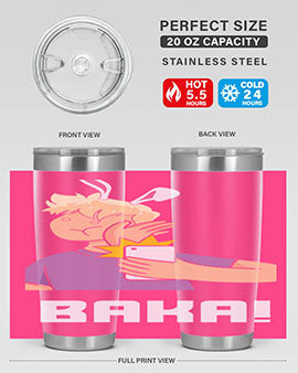 Funny Anime Baka Rabbit Slap Tumbler featuring a vibrant design, made of stainless steel with a drink-thru lid, perfect for hot and cold beverages.