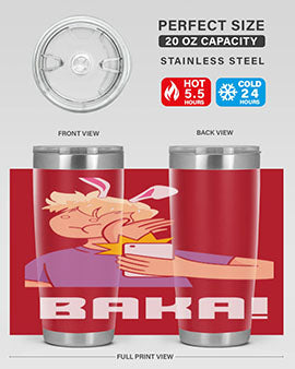 Funny Anime Baka Rabbit Slap Tumbler featuring a vibrant design, made of stainless steel with a drink-thru lid, perfect for hot and cold beverages.