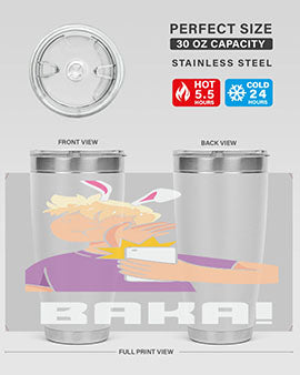 Funny Anime Baka Rabbit Slap Tumbler featuring a vibrant design, made of stainless steel with a drink-thru lid, perfect for hot and cold beverages.