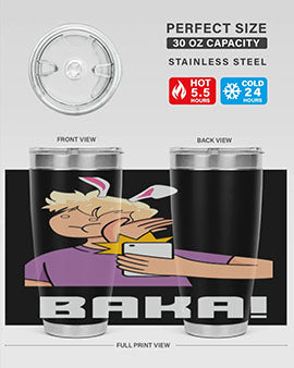 Funny Anime Baka Rabbit Slap Tumbler featuring a vibrant design, made of stainless steel with a drink-thru lid, perfect for hot and cold beverages.