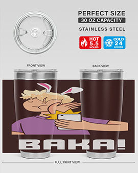 Funny Anime Baka Rabbit Slap Tumbler featuring a vibrant design, made of stainless steel with a drink-thru lid, perfect for hot and cold beverages.